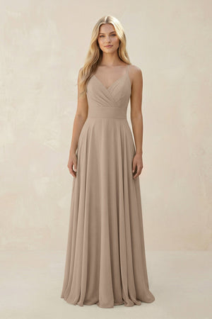 Almond Spaghetti Strap A-Line Chiffon Bridesmaid Dress | KISSBRIDAL