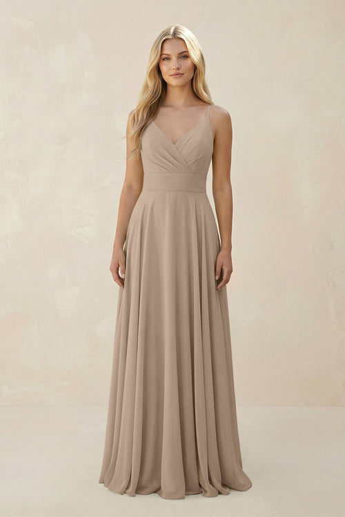 Almond Spaghetti Strap A-Line Chiffon Bridesmaid Dress | KISSBRIDAL