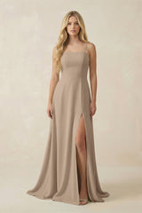 Almond Spaghetti Strap Chiffon A-Line Bridesmaid Dress | KISSBRIDAL