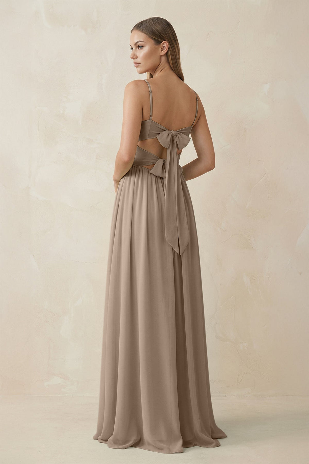 Spaghetti Strap Pleated A-Line Chiffon Bridesmaid Dress in Almond