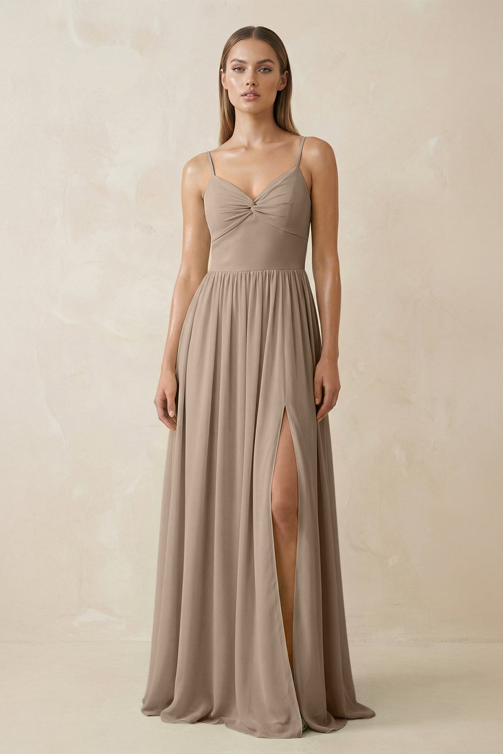 Spaghetti Strap Pleated A-Line Chiffon Bridesmaid Dress in Almond