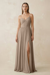 Almond Spaghetti Strap Pleated A-Line Chiffon Bridesmaid Dress | KISSBRIDAL