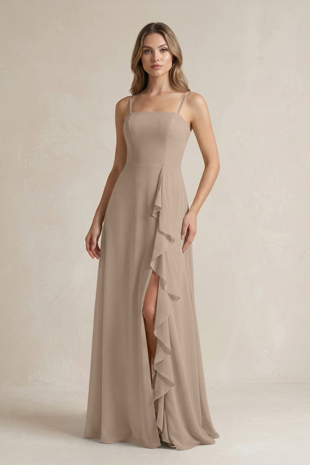 Spaghetti Strap Ruffled A-Line Chiffon Bridesmaid Dress in Almond