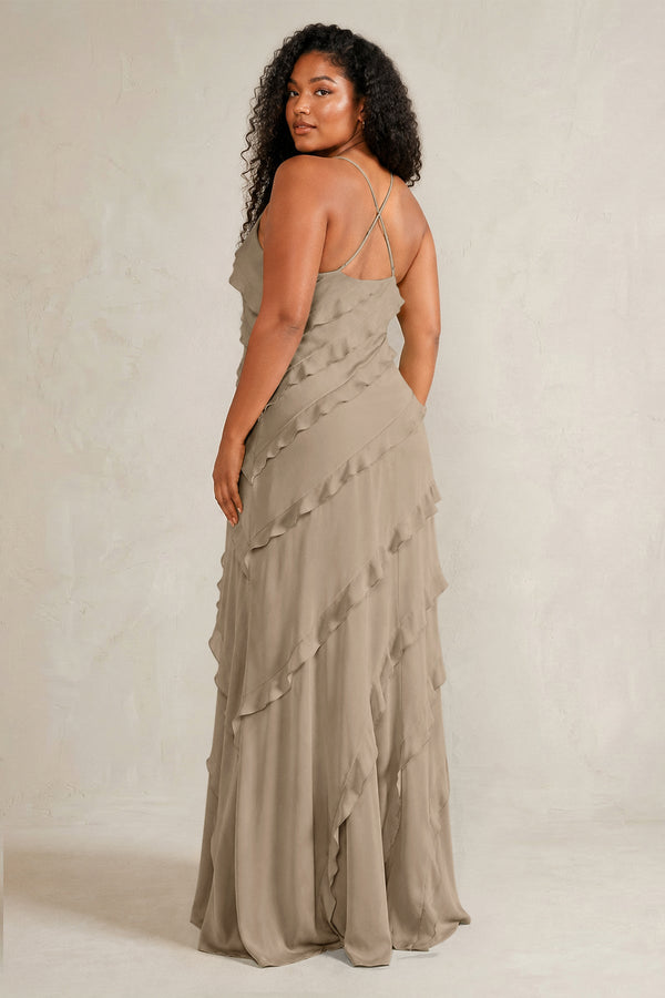 Almond Spaghetti Straps Sheath Stain Ruffled Bridesmaid Dress (4) | KISSBRIDAL[sizeplus]
