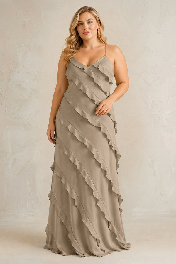 Almond Spaghetti Straps Sheath Stain Ruffled Bridesmaid Dress | KISSBRIDAL[sizeplus]