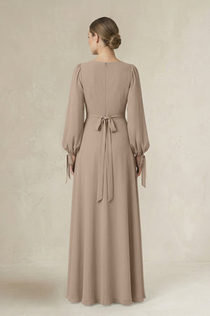 Almond Square Neck Long Sleeve A-Line Chiffon Bridesmaid Dress in Almond (2) | KISSBRIDAL
