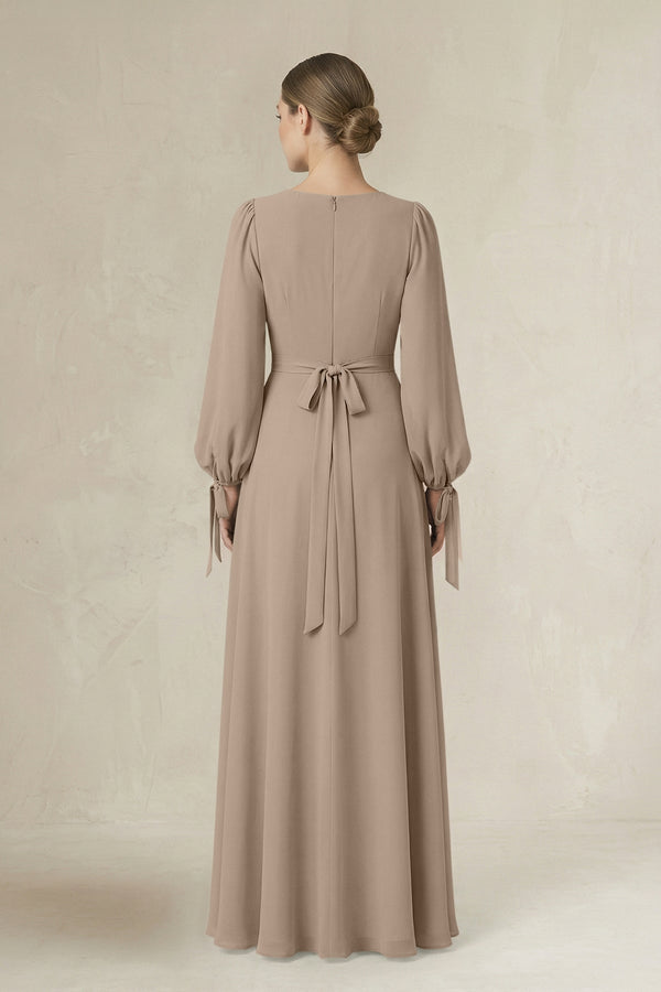 Almond Square Neck Long Sleeve A-Line Chiffon Bridesmaid Dress in Almond (2) | KISSBRIDAL