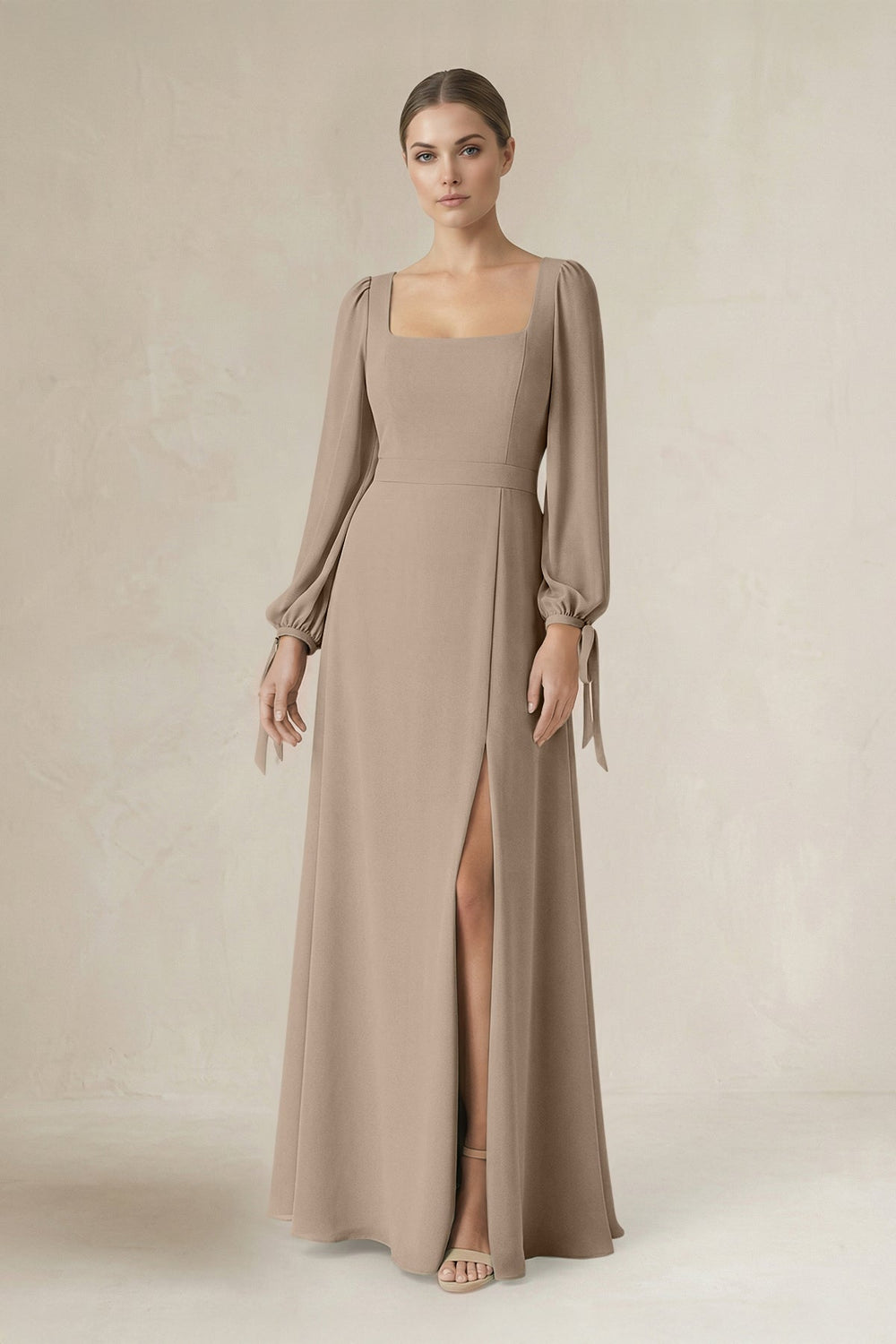 Square Neck Long Sleeve A-Line Chiffon Bridesmaid Dress in Almond