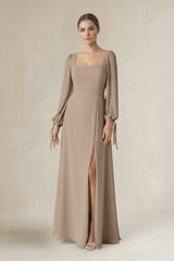 Almond Square Neck Long Sleeve A-Line Chiffon Bridesmaid Dress in Almond | KISSBRIDAL