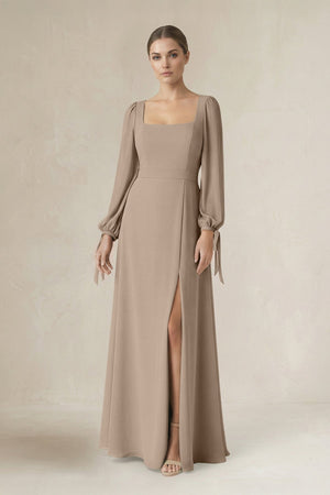Almond Square Neck Long Sleeve A-Line Chiffon Bridesmaid Dress in Almond | KISSBRIDAL