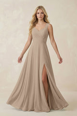 Almond Sweetheart A-Line Chiffon Long Bridesmaid Dress | KISSBRIDAL