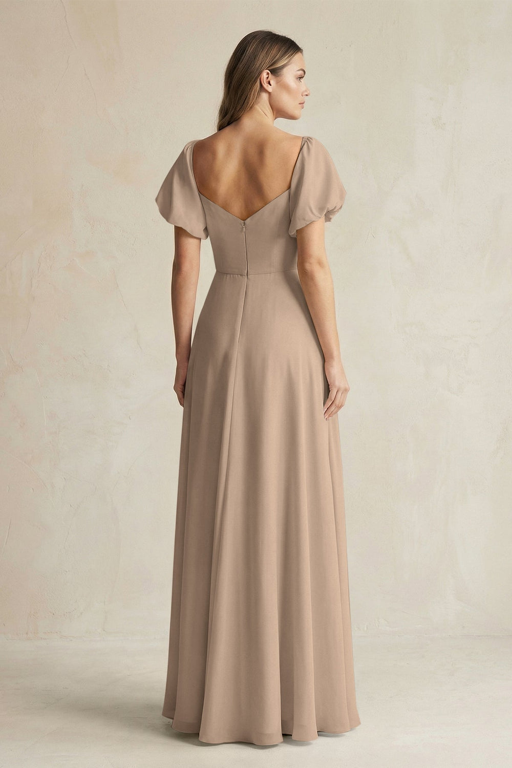 Sweetheart Puff Sleeve A-Line Chiffon Bridesmaid Dress in Almond