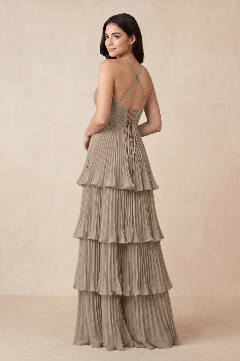Tiered Pleated V-Neck A-Line Chiffon Bridesmaid Dress in Almond
