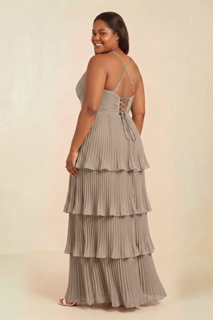 Almond Tiered Pleated V-Neck A-Line Chiffon Bridesmaid Dress (2) [sizeplus] | KISSBRIDAL
