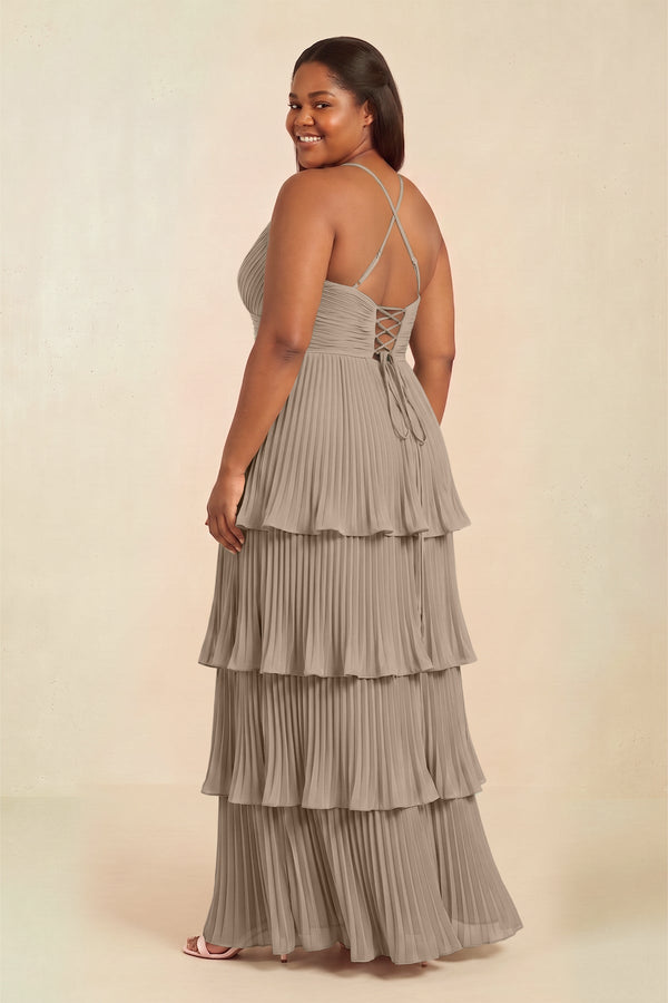 Almond Tiered Pleated V-Neck A-Line Chiffon Bridesmaid Dress (2) [sizeplus] | KISSBRIDAL