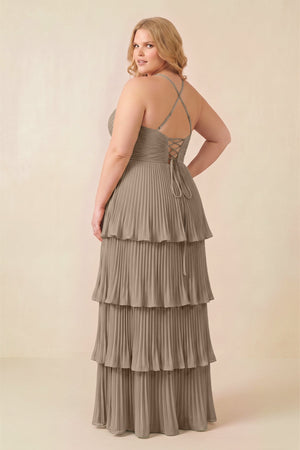 Almond Tiered Pleated V-Neck A-Line Chiffon Bridesmaid Dress (4) [sizeplus] | KISSBRIDAL