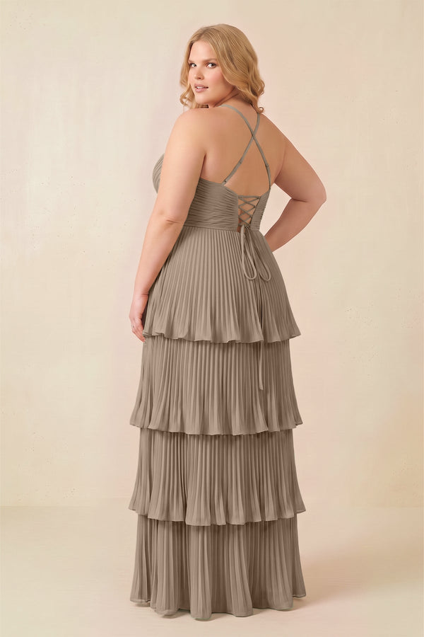 Almond Tiered Pleated V-Neck A-Line Chiffon Bridesmaid Dress (4) [sizeplus] | KISSBRIDAL