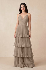 Almond Tiered Pleated V-Neck A-Line Chiffon Bridesmaid Dress | KISSBRIDAL