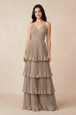 Almond Tiered Pleated V-Neck A-Line Chiffon Bridesmaid Dress | KISSBRIDAL