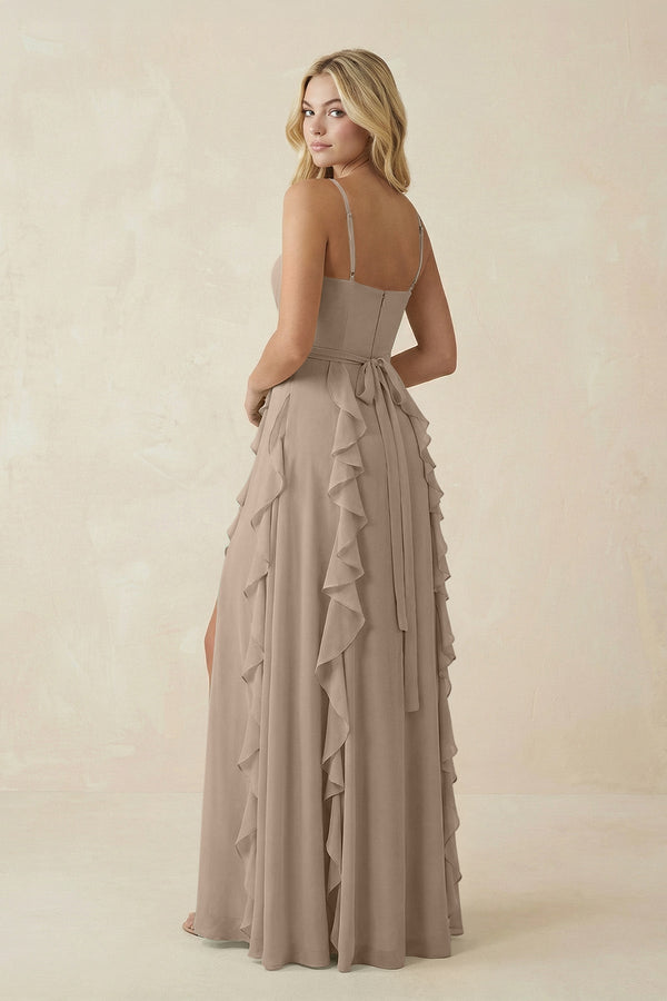 Almond Tiered Ruffle A-Line Chiffon Bridesmaid Dress (2) | KISSBRIDAL