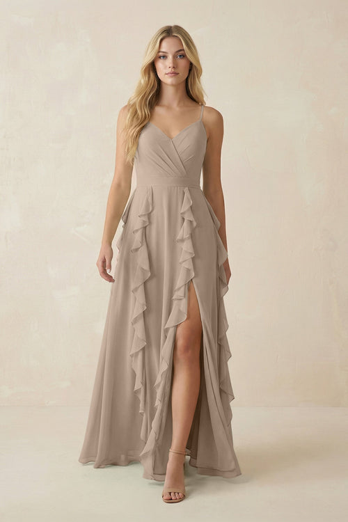 Almond Tiered Ruffle A-Line Chiffon Bridesmaid Dress | KISSBRIDAL