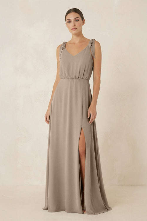Almond V-Neck A-Line Chiffon Bridesmaid Dress | KISSBRIDAL
