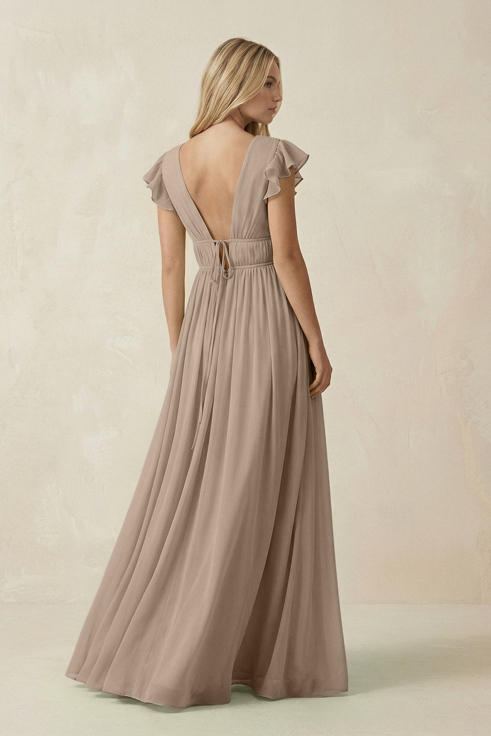 V-Neck A-Line Chiffon Cap Sleeves Bridesmaid Dress in Almond