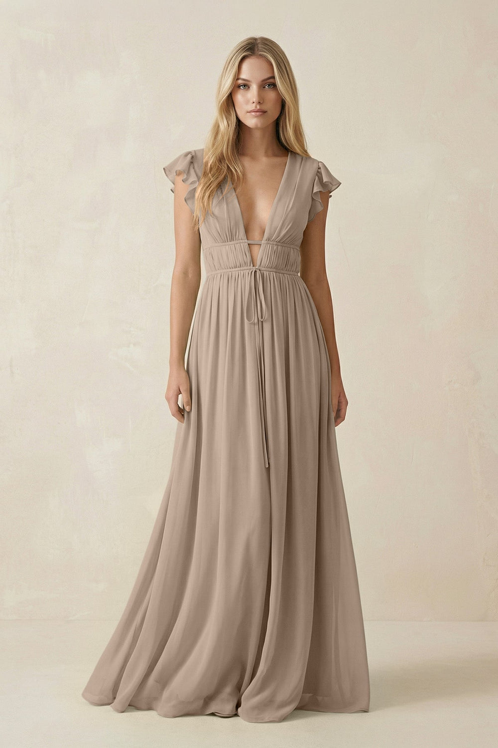 V-Neck A-Line Chiffon Cap Sleeves Bridesmaid Dress in Almond