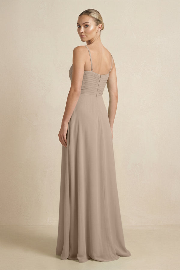 Almond V-Neck A-Line Chiffon Pleated Bridesmaid Dress (2) | KISSBRIDAL