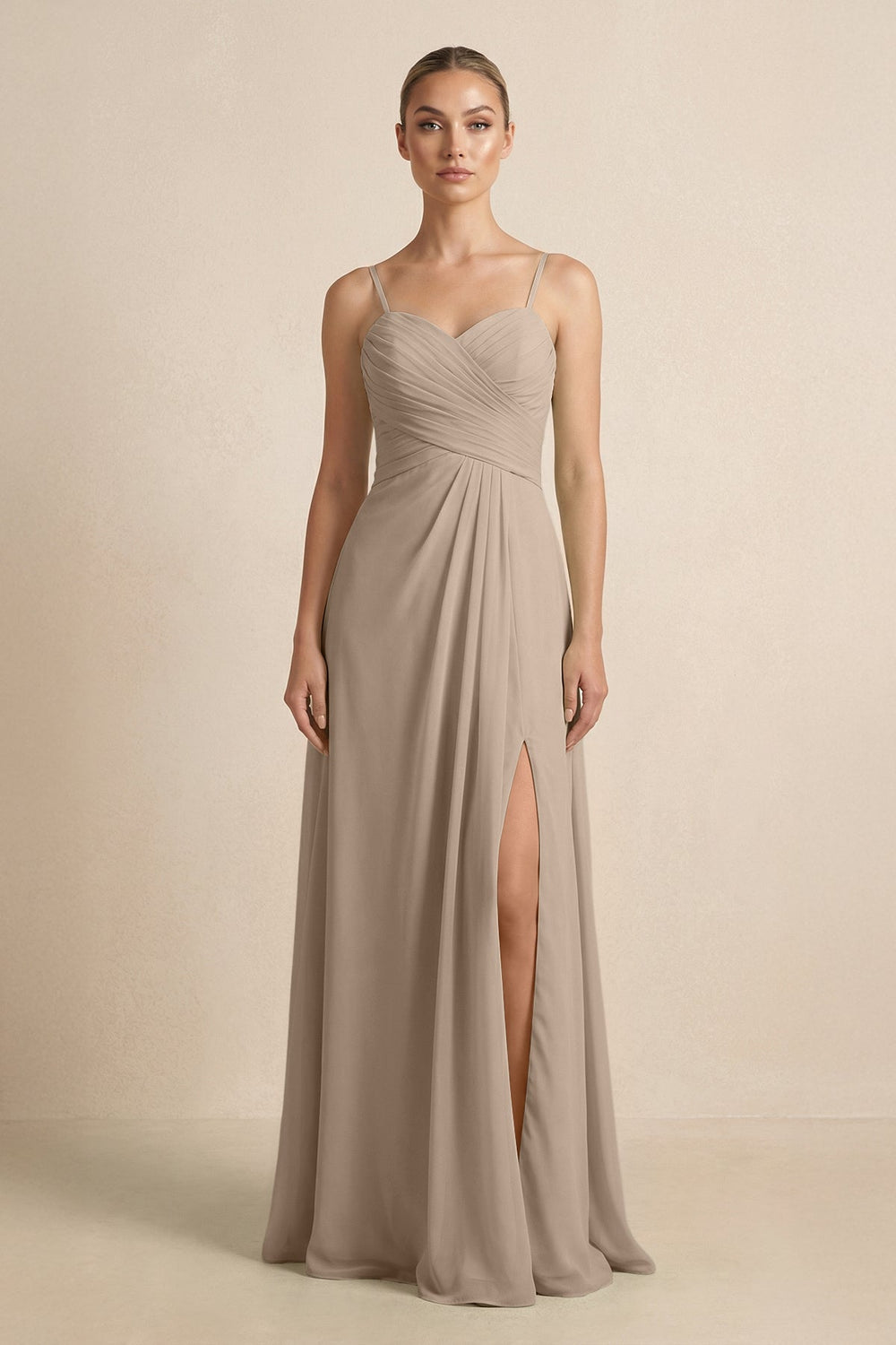 V-Neck A-Line Chiffon Pleated Bridesmaid Dress in Almond