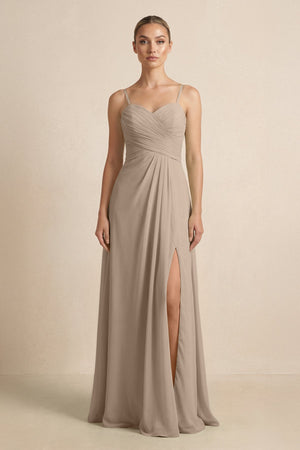 Almond V-Neck A-Line Chiffon Pleated Bridesmaid Dress | KISSBRIDAL