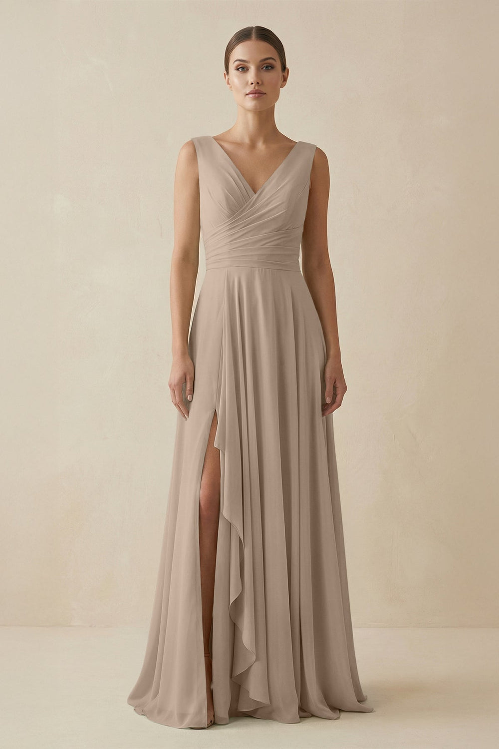 V-Neck A-Line Chiffon Ruffled Bridesmaid Dress in Almond