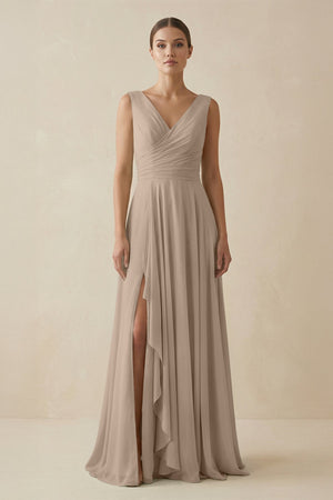 Almond V-Neck A-Line Chiffon Ruffled Bridesmaid Dress | KISSBRIDAL