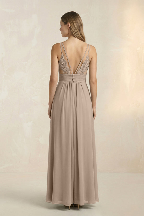 Almond V-Neck A-Line Pleated Chiffon Bridesmaid Dress (2) | KISSBRIDAL