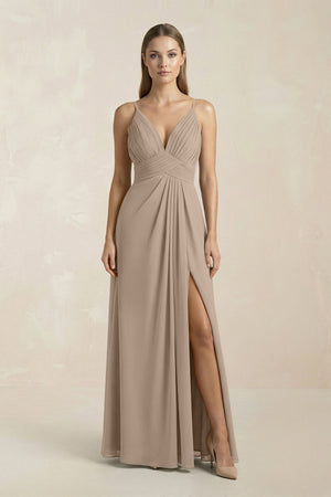 Almond V-Neck A-Line Pleated Chiffon Bridesmaid Dress | KISSBRIDAL