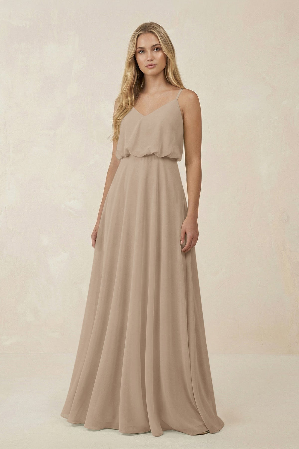 V-Neck Blouson A-Line Chiffon Bridesmaid Dress in Almond