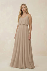 Almond V-Neck Blouson A-Line Chiffon Bridesmaid Dress | KISSBRIDAL