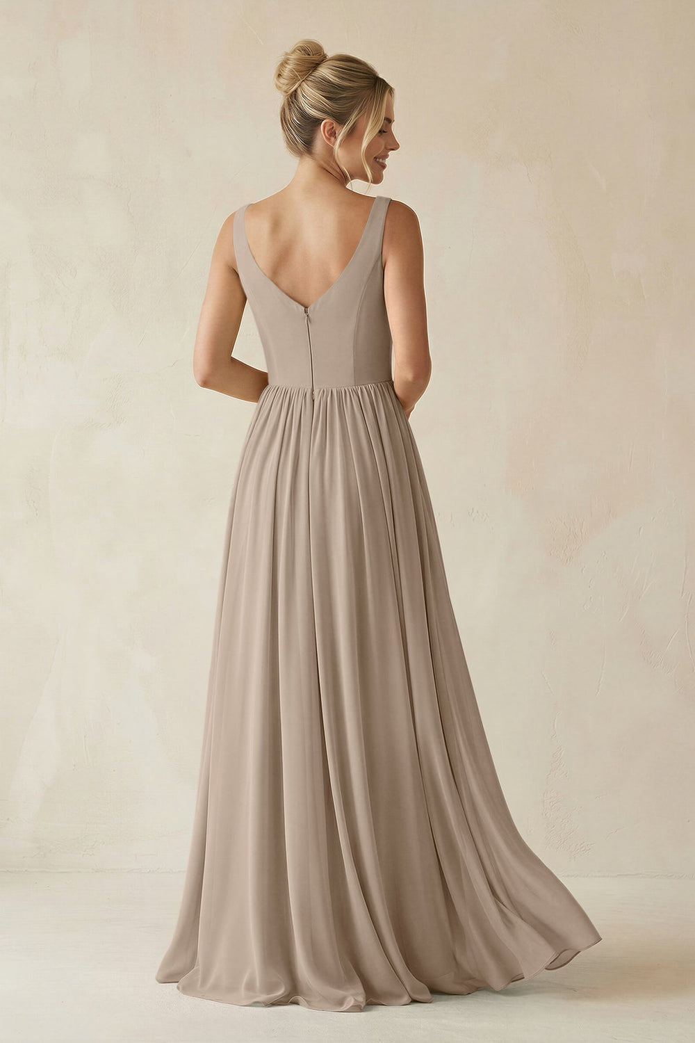 V-Neck Chiffon A-Line Long Bridesmaid Dress in Almond