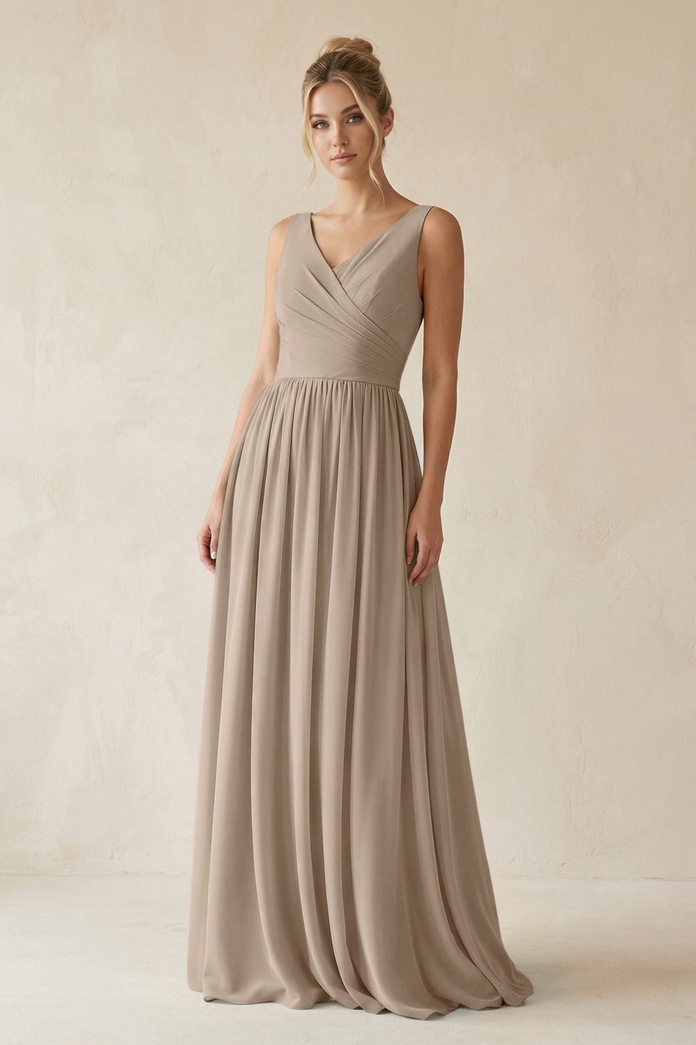V-Neck Chiffon A-Line Long Bridesmaid Dress in Almond