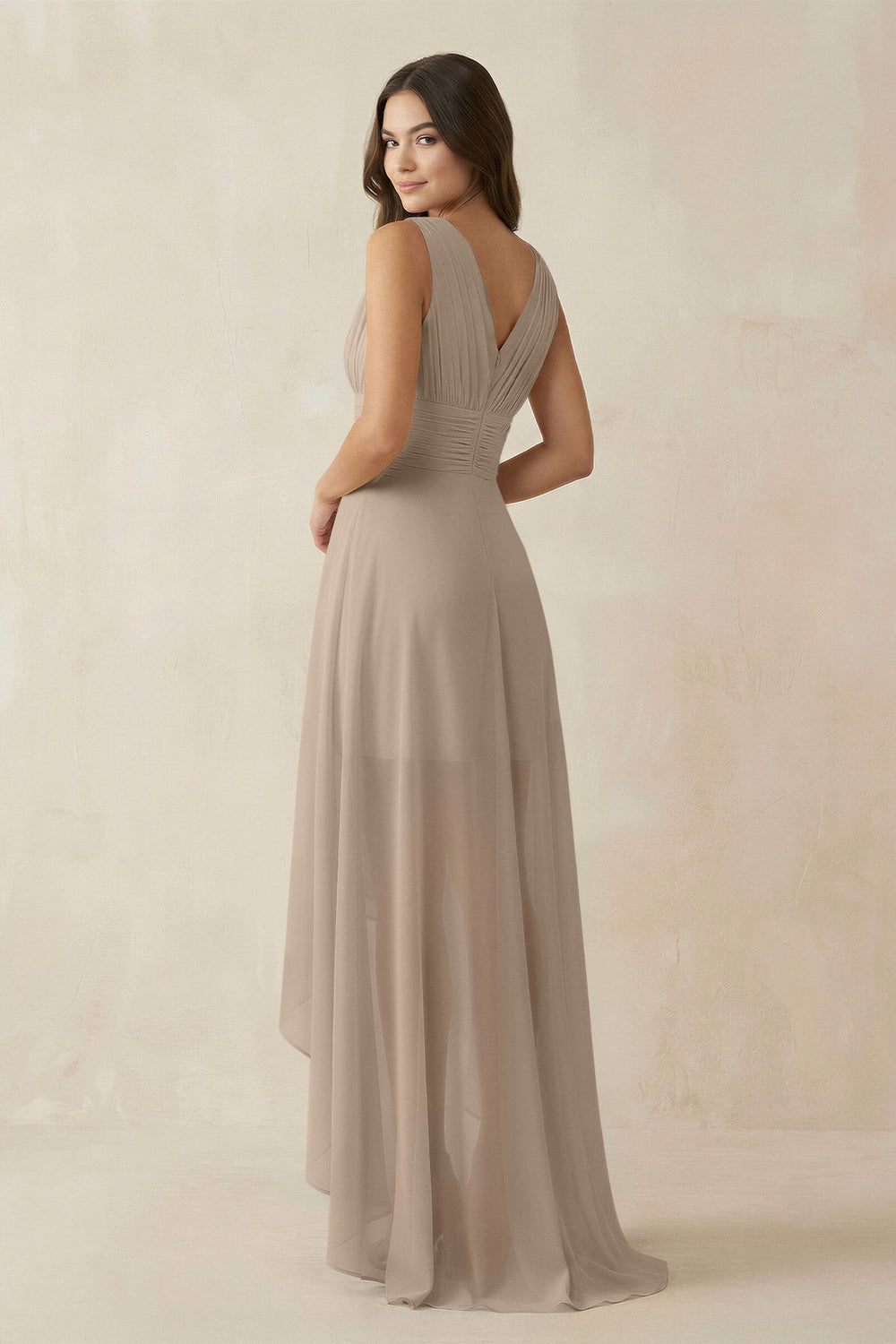 V-Neck High-Low Chiffon Bridesmaid Dress in Almond