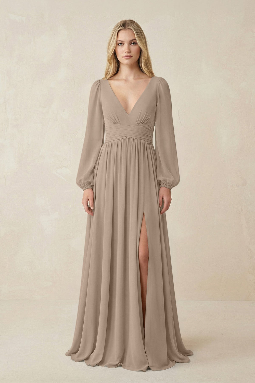 V-Neck Long Sleeve A-Line Chiffon Bridesmaid Dress in Almond