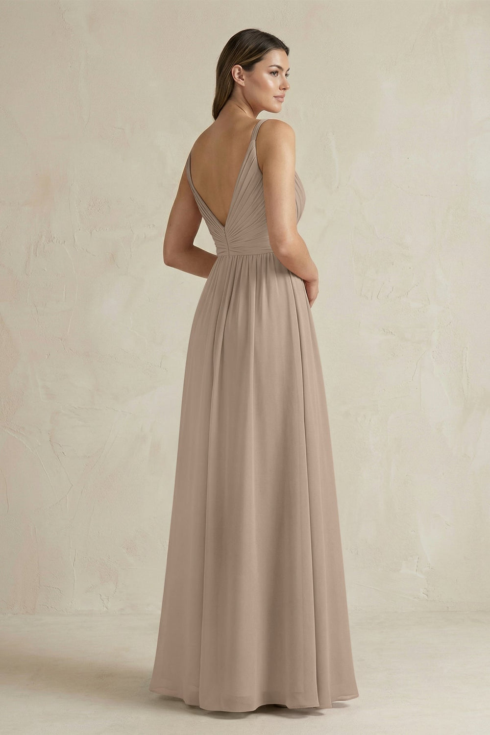 V-Neck Pleated A-Line Chiffon Bridesmaid Dress in Almond