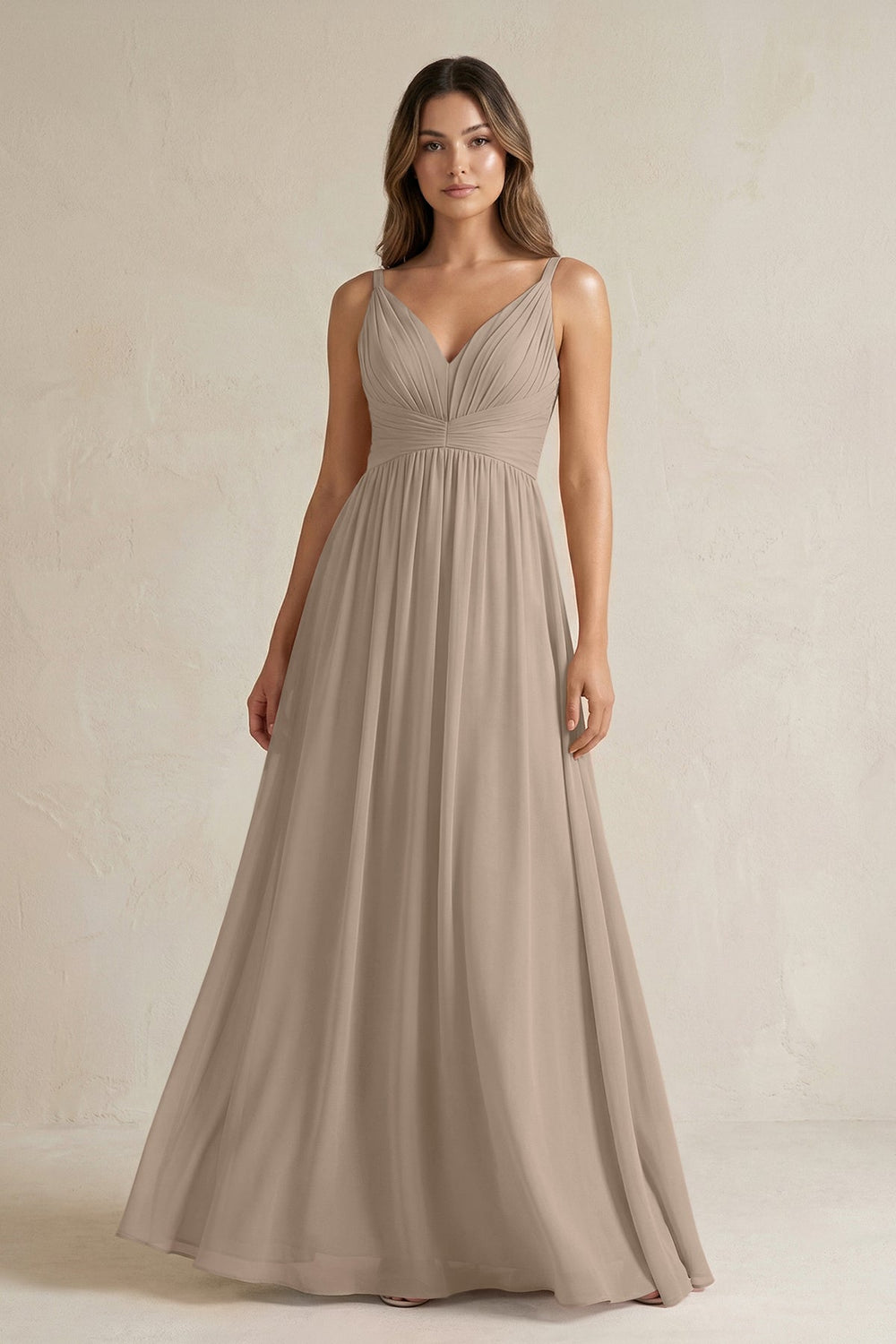 V-Neck Pleated A-Line Chiffon Bridesmaid Dress in Almond