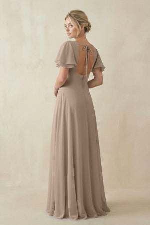 Almond V-Neck Ruffled Short Sleeves A-Line Bridesmaid Dress (2) | KISSBRIDAL