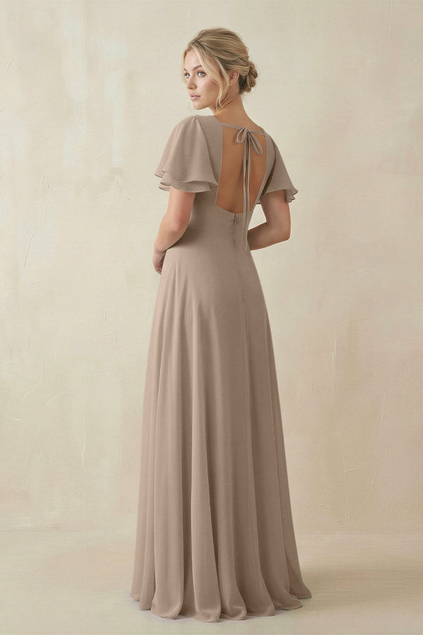 Almond V-Neck Ruffled Short Sleeves A-Line Bridesmaid Dress (2) | KISSBRIDAL