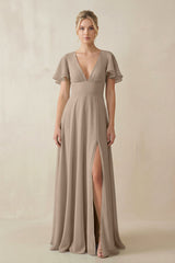 Almond V-Neck Ruffled Short Sleeves A-Line Bridesmaid Dress | KISSBRIDAL