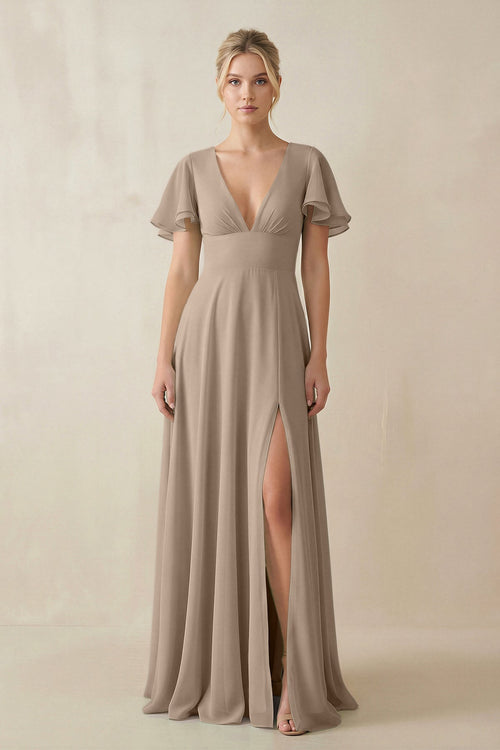 Almond V-Neck Ruffled Short Sleeves A-Line Bridesmaid Dress | KISSBRIDAL