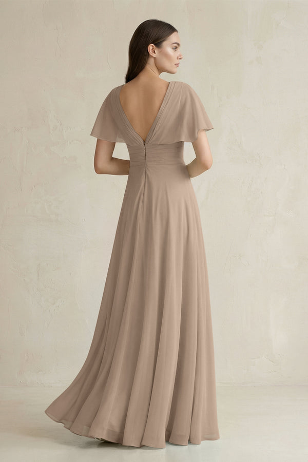 Almond V-Neck Ruffled Sleeve A-Line Chiffon Bridesmaid Dress (2) | KISSBRIDAL