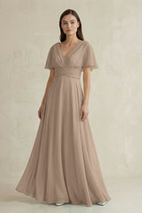 Almond V-Neck Ruffled Sleeve A-Line Chiffon Bridesmaid Dress | KISSBRIDAL