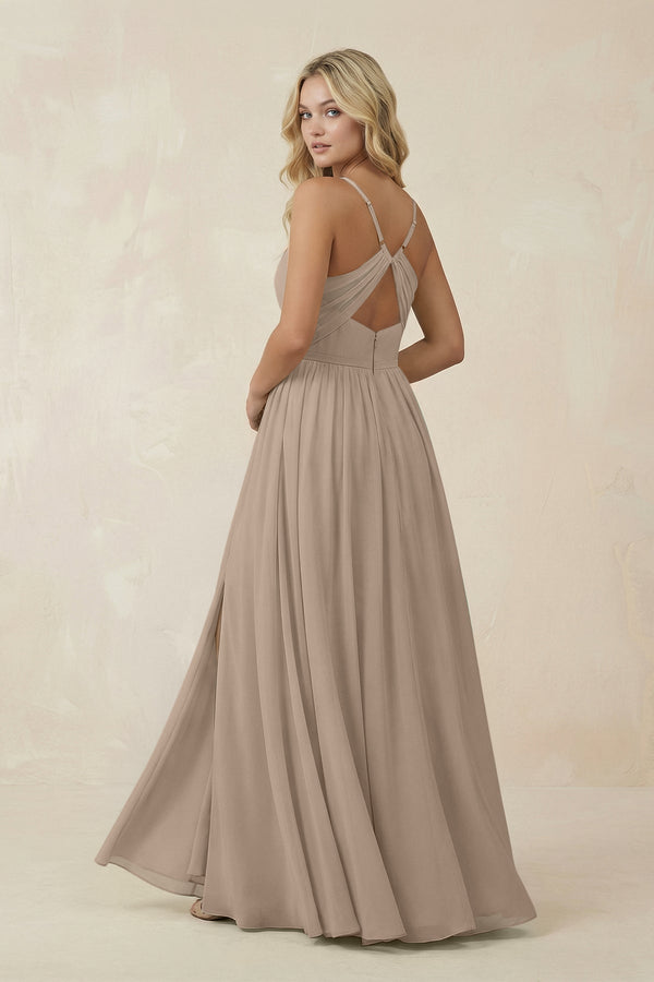 Almond V-Neck Spaghetti Strap A-Line Chiffon Bridesmaid Dress (2) | KISSBRIDAL